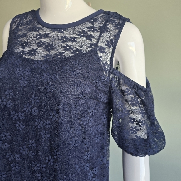 🌈Michael Michael Kors Layer Cold Shoulder Floral Lace Overlay Spaghetti Strap - Picture 3 of 11